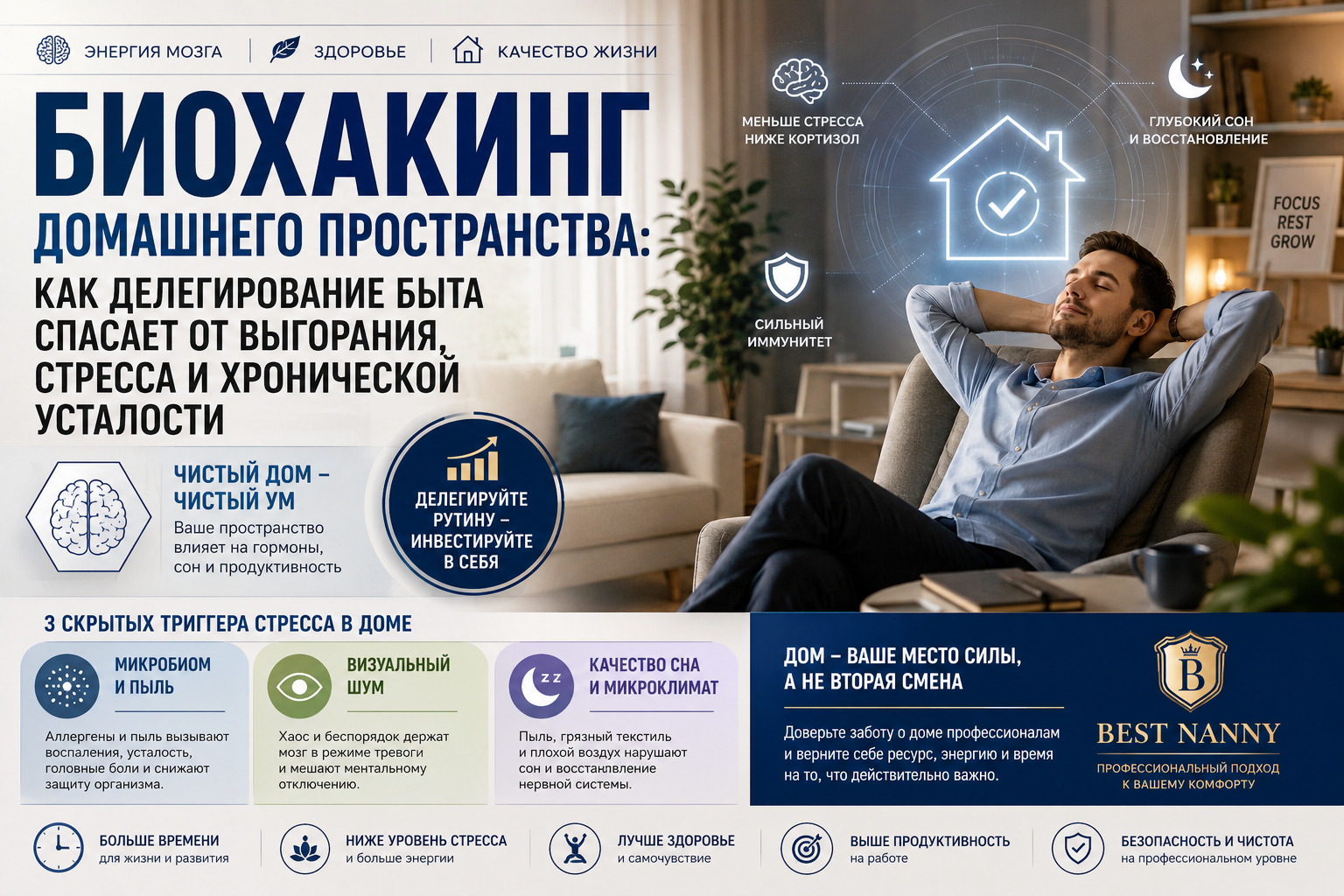 Успешный офисный сотрудник отдыхает в идеально чистой квартире после рабочего дня